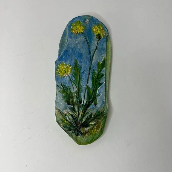 Vintage 1969 Lee Signed Ceramic Dandelion Wall Plaque AFB Folk Art 3 - 8" - Picture 2 of 4